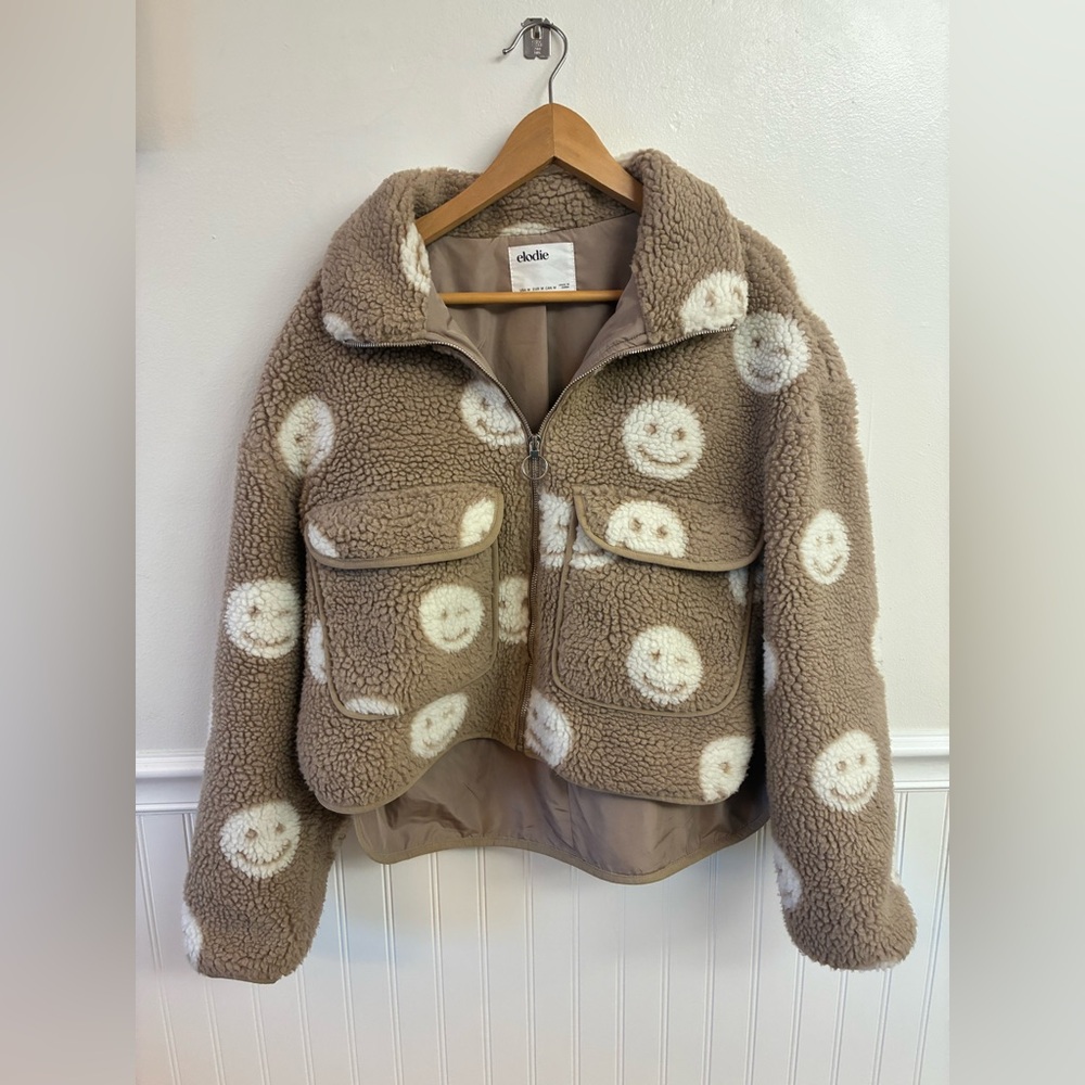 Elodie Anthropologie Soft Smiley Face Jacket Tan/White Size Medium